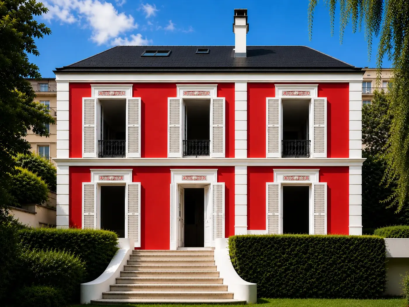 Maison rénovée par PRBTP : façade remise à neuf, encadrements blancs et volets restaurés