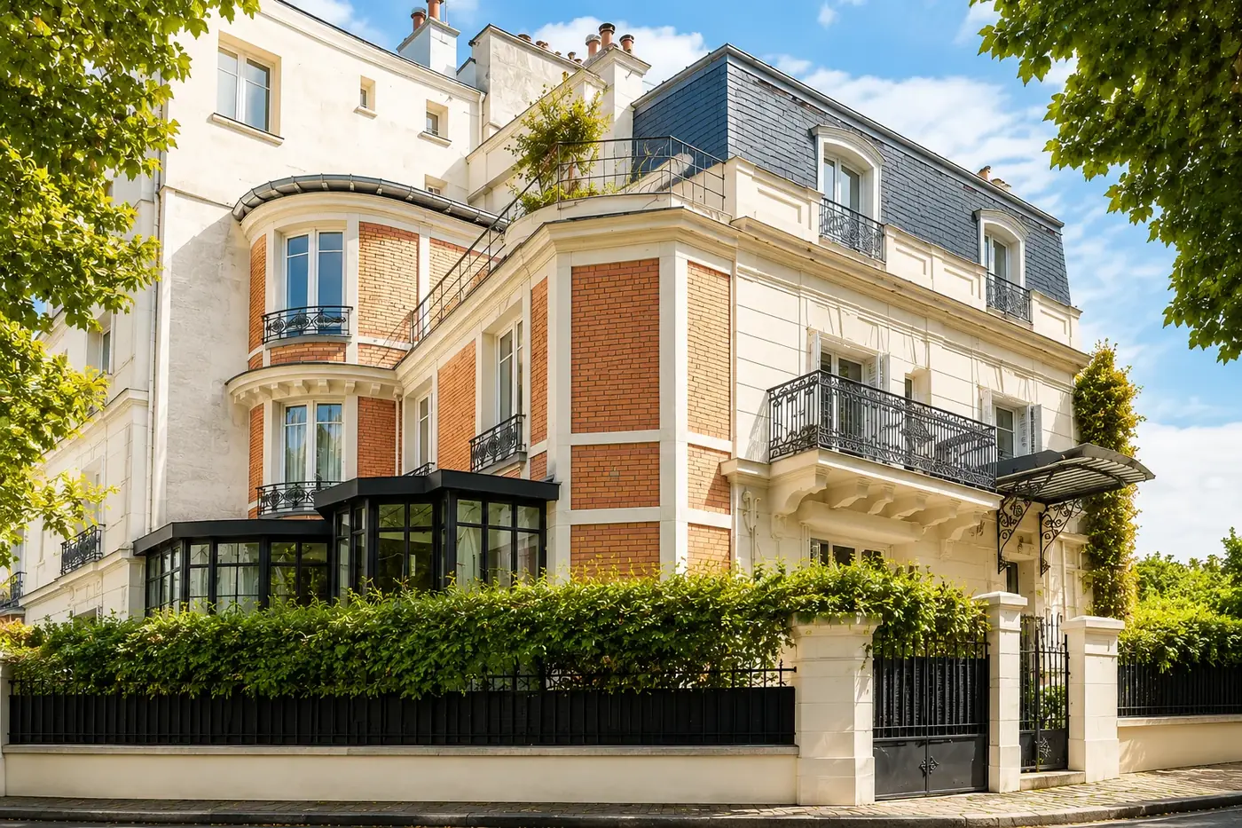 Façade en pierre claire et brique ravalée par PRBTP, avec balcons en fer forgé